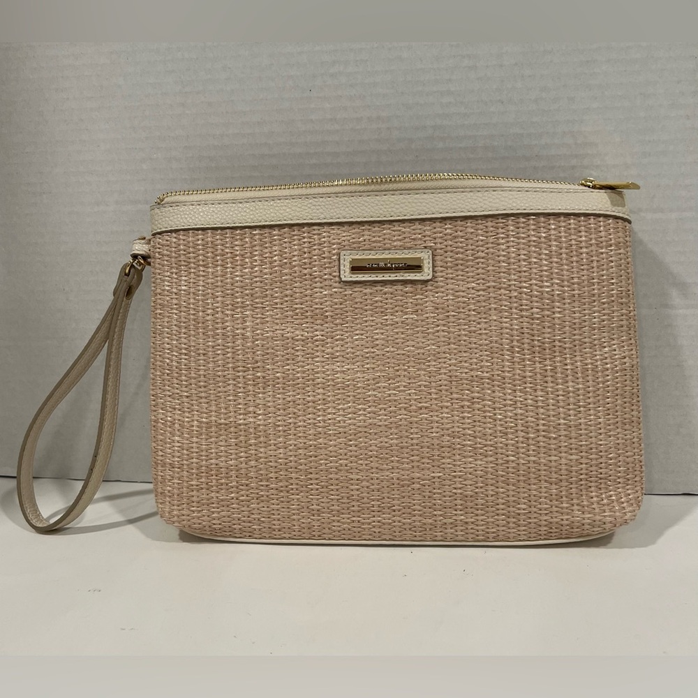 NWOT Nanette Lepore Beige and Cream Hand-Woven Straw Wristlet Clutch